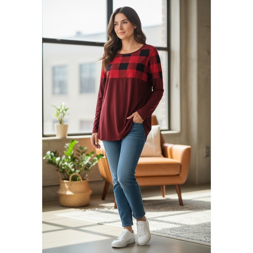 NWOT ZENANA Women's XL‎ Burgundy Black Plaid Long Sleeve Tunic Top